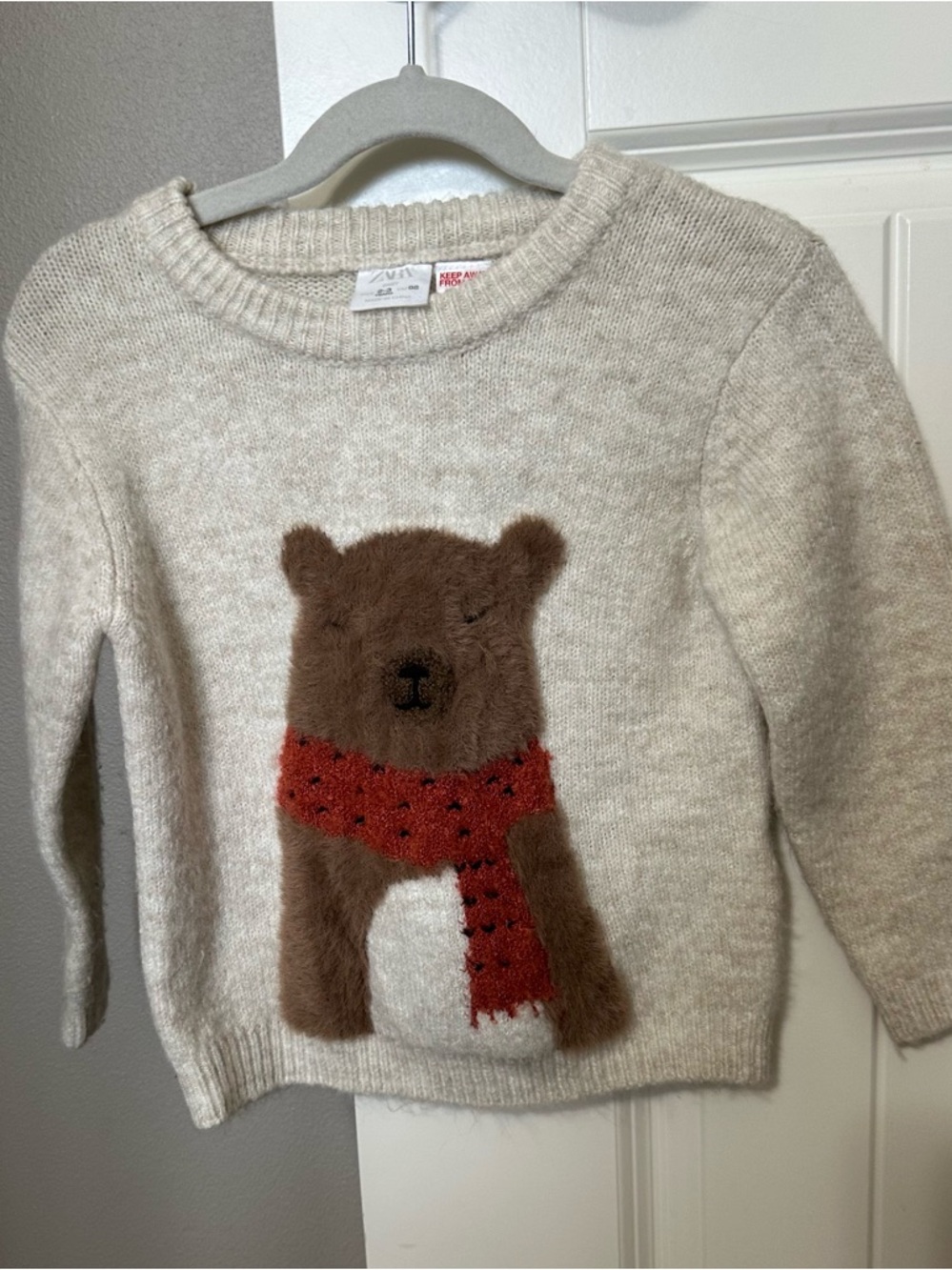 Zara Cozy Bear Sweater with Red Scarf Sz 2yrs